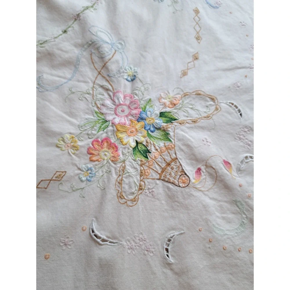 VTG Cotton Ivory Embroidered Oval Tablecloth 92 X 61 Inches